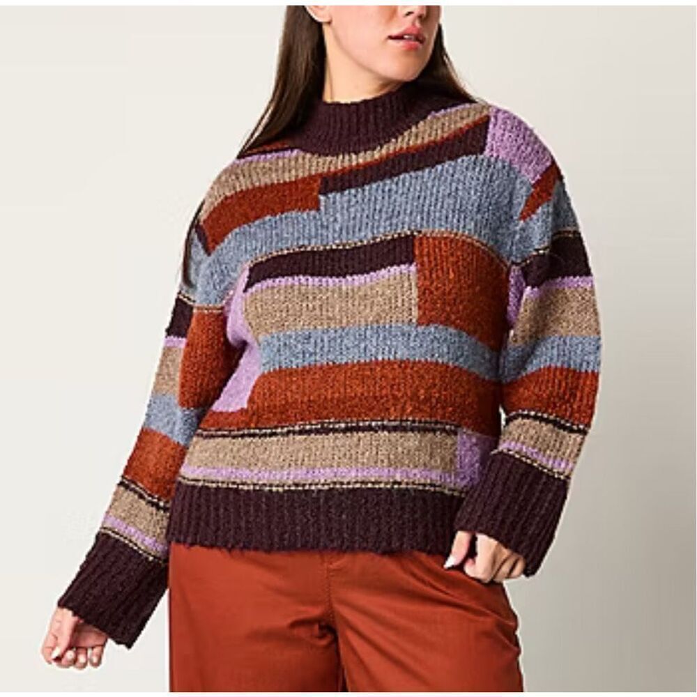 NWT a.n.a. Women’s Patchwork Sweater Large Colorblock Long Sleeve Boho Brown NEW